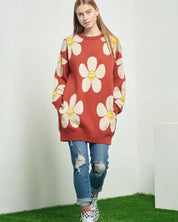 HAPPY FACE FLORAL PRINT KNIT SWETAER