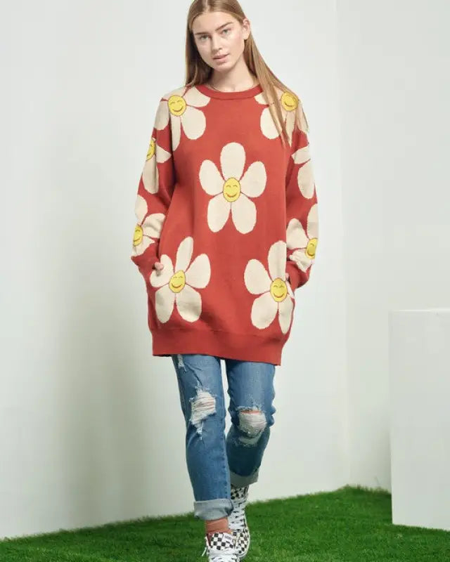 HAPPY FACE FLORAL PRINT KNIT SWETAER