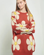 HAPPY FACE FLORAL PRINT KNIT SWETAER