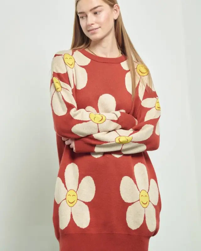 HAPPY FACE FLORAL PRINT KNIT SWETAER