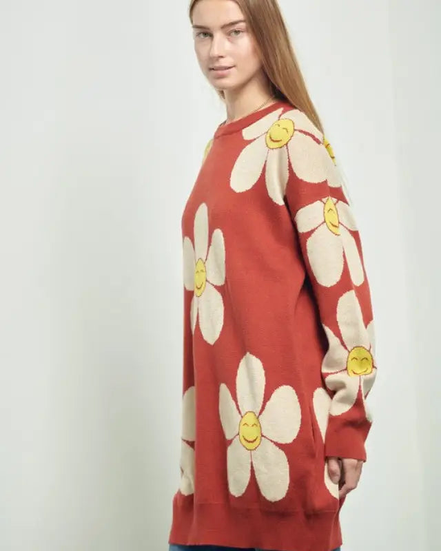 HAPPY FACE FLORAL PRINT KNIT SWETAER