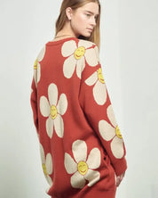 HAPPY FACE FLORAL PRINT KNIT SWETAER