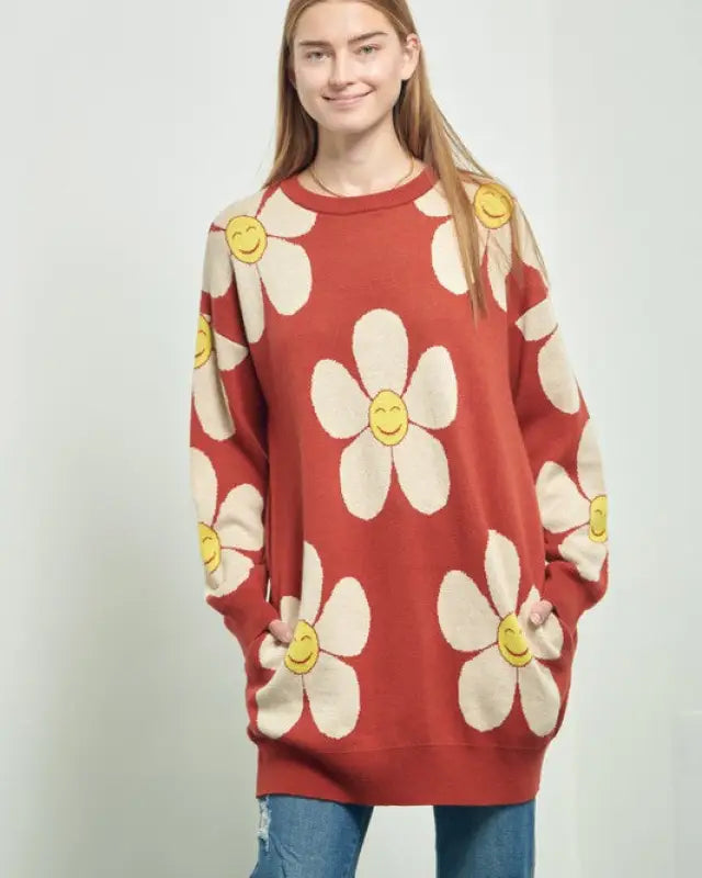 HAPPY FACE FLORAL PRINT KNIT SWETAER