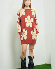 HAPPY FACE FLORAL PRINT KNIT SWETAER - Rust / S/M