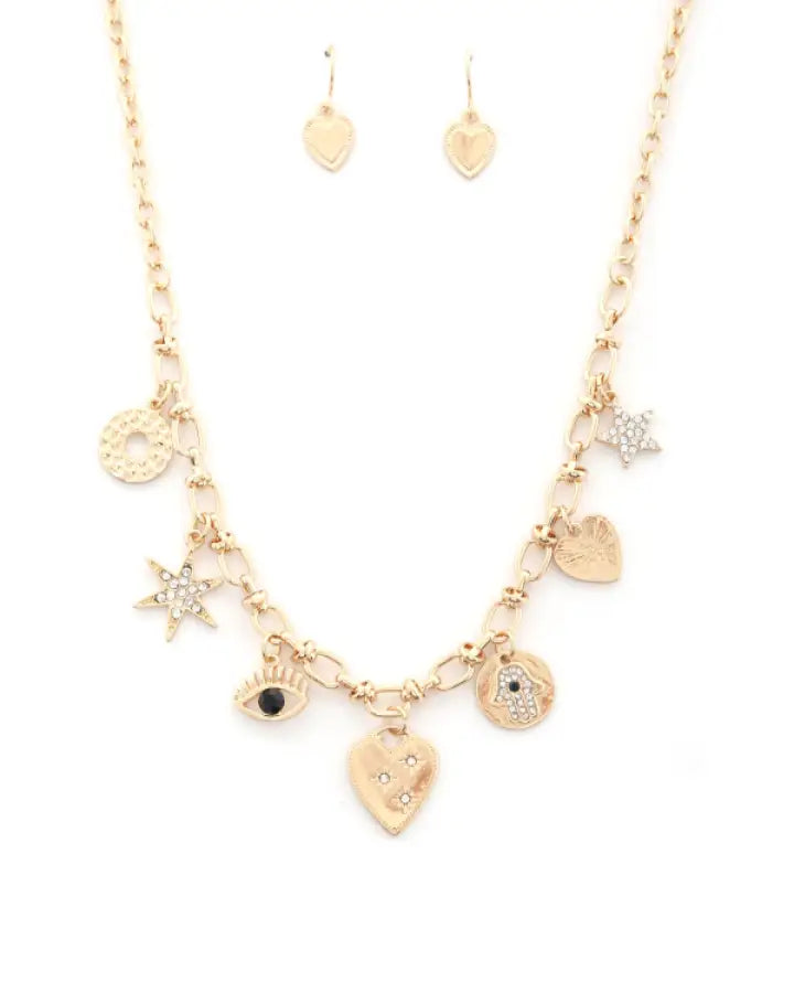 Heart Evil Eye Charm Metal Necklace - Gold