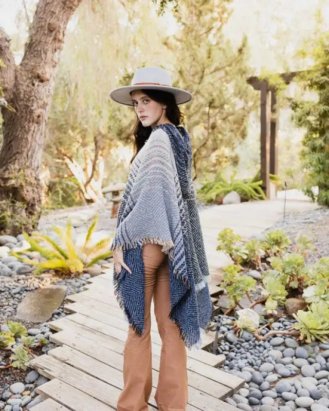 Herringbone Tweed Hooded Frayed Edge Poncho