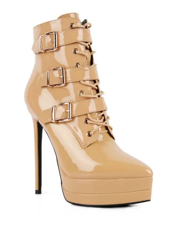 High Heeled Patent PU Stiletto Boot - Latte / 5