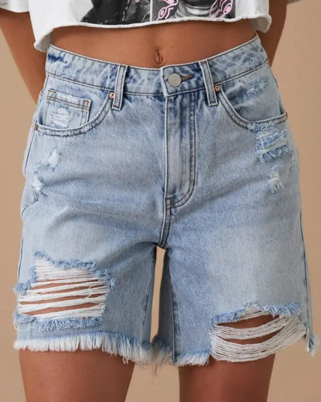 High Rise Bermuda Denim Shorts - LIGHT / S