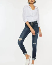 High Rise Button Down Cuffed Ankle Skinny Jeans