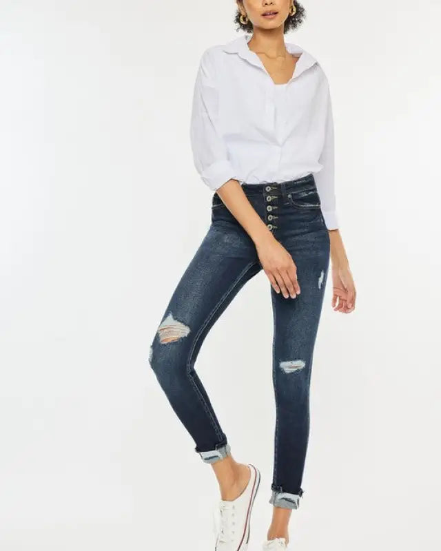 High Rise Button Down Cuffed Ankle Skinny Jeans