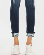 High Rise Button Down Cuffed Ankle Skinny Jeans