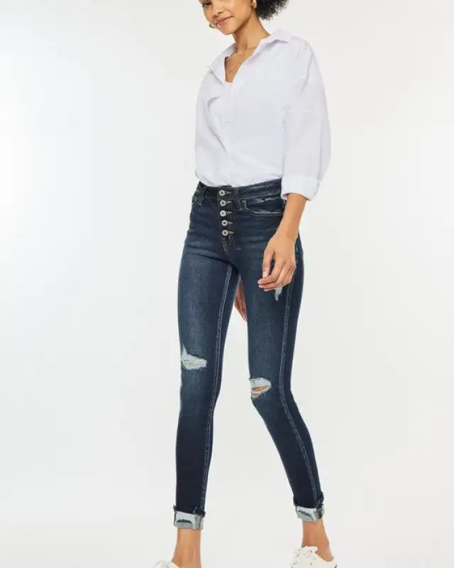 High Rise Button Down Cuffed Ankle Skinny Jeans