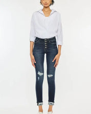 High Rise Button Down Cuffed Ankle Skinny Jeans