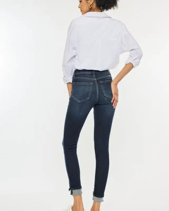 High Rise Button Down Cuffed Ankle Skinny Jeans