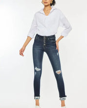 High Rise Button Down Cuffed Ankle Skinny Jeans - DARK / 11/29