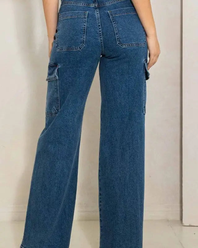 High Rise Crossed Waist Cargo Wide Jeans - Jeans