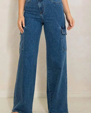 High Rise Crossed Waist Cargo Wide Jeans - Jeans