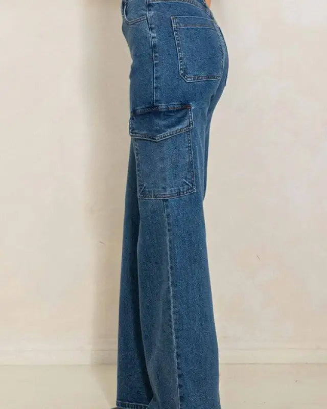 High Rise Crossed Waist Cargo Wide Jeans - Jeans