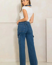 High Rise Crossed Waist Cargo Wide Jeans - Jeans