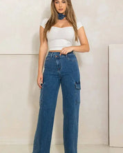 High Rise Crossed Waist Cargo Wide Jeans - Medium Stone / 1 - Jeans