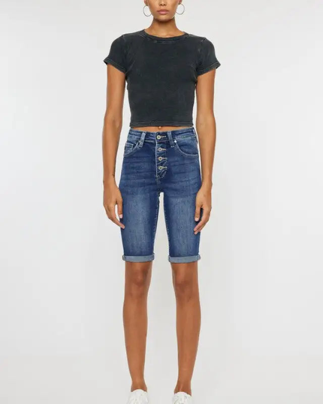 High Rise Cuff Bermuda Jeans