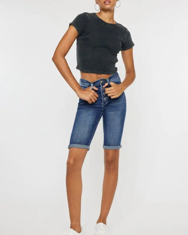 High Rise Cuff Bermuda Jeans