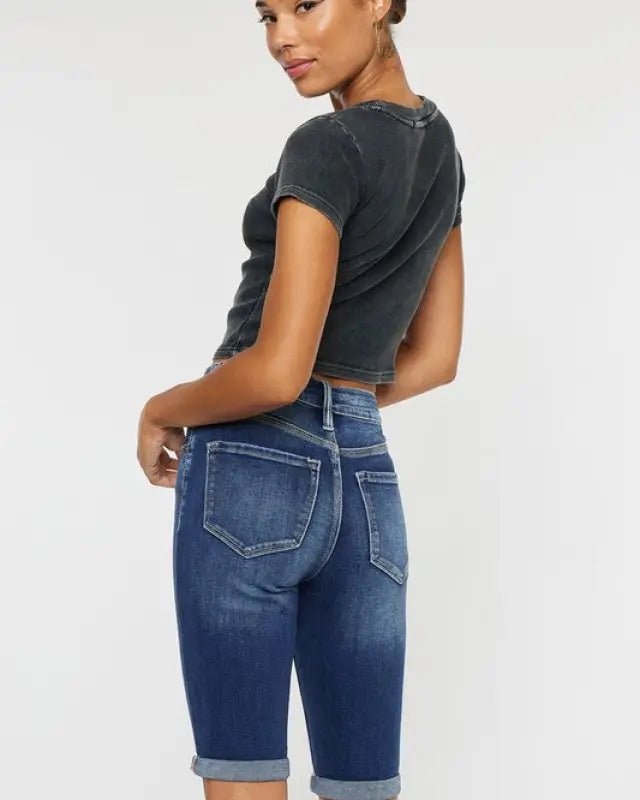 High Rise Cuff Bermuda Jeans