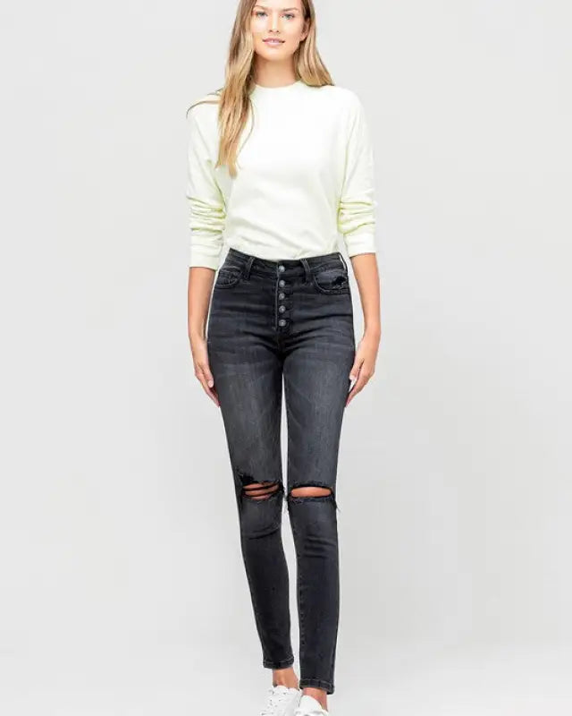 High Rise Distressed Button Fly Ankle Skinny