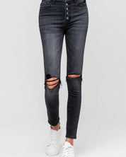 High Rise Distressed Button Fly Ankle Skinny