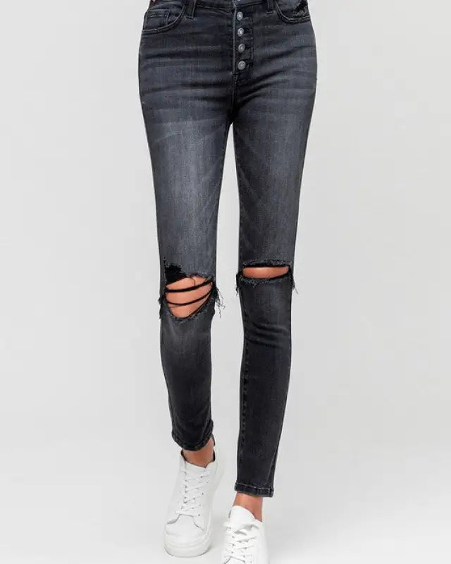 High Rise Distressed Button Fly Ankle Skinny