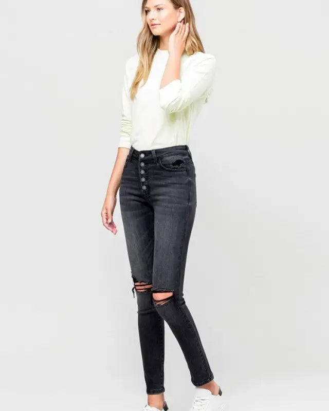 High Rise Distressed Button Fly Ankle Skinny