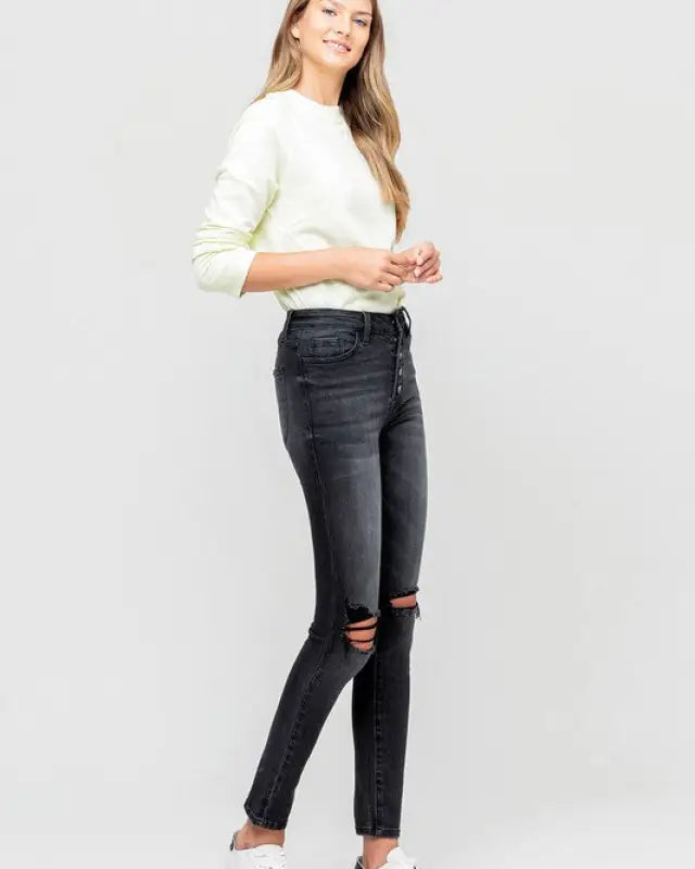 High Rise Distressed Button Fly Ankle Skinny