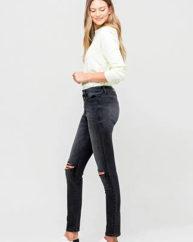 High Rise Distressed Button Fly Ankle Skinny