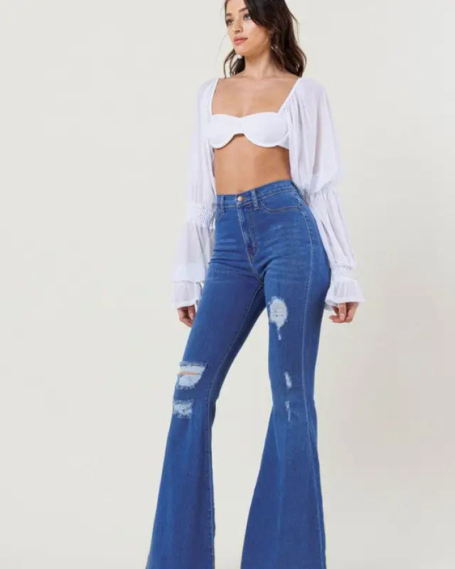 High-Rise Distressed Flare Jeans