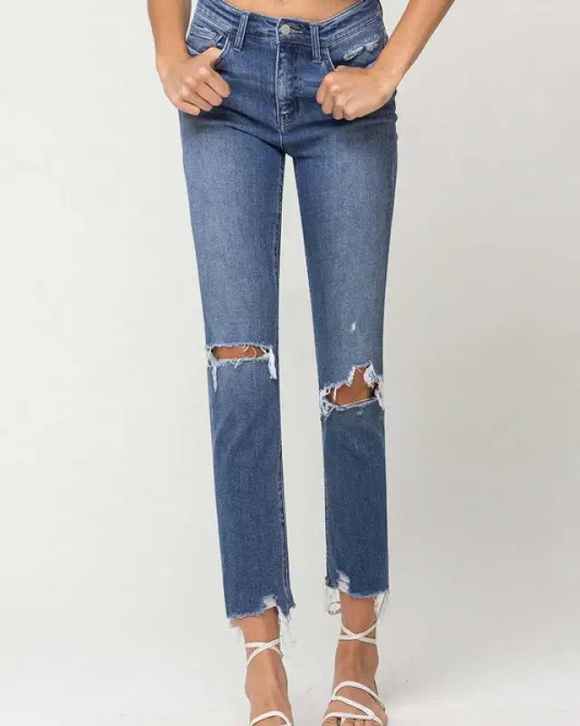 High Rise Distressed Hem Ankle Slim Straight Jeans