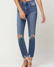 High Rise Distressed Hem Ankle Slim Straight Jeans