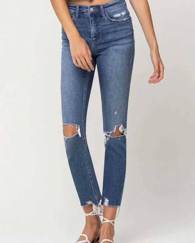 High Rise Distressed Hem Ankle Slim Straight Jeans