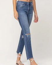 High Rise Distressed Hem Ankle Slim Straight Jeans