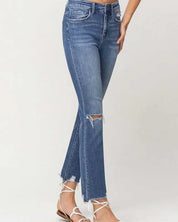 High Rise Distressed Hem Ankle Slim Straight Jeans