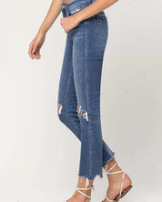 High Rise Distressed Hem Ankle Slim Straight Jeans