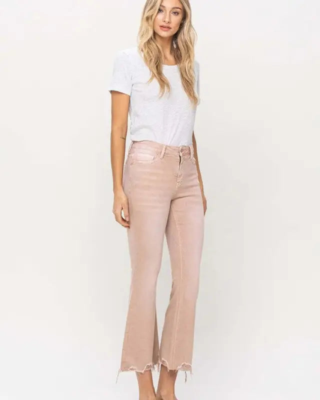 High Rise Distressed Hem Crop Flare Jeans