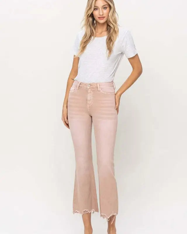 High Rise Distressed Hem Crop Flare Jeans