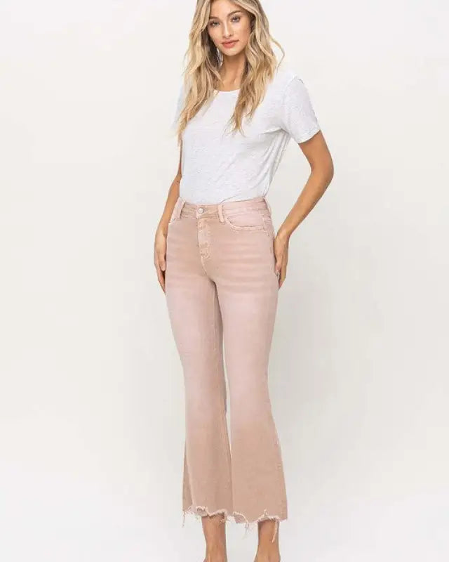 High Rise Distressed Hem Crop Flare Jeans