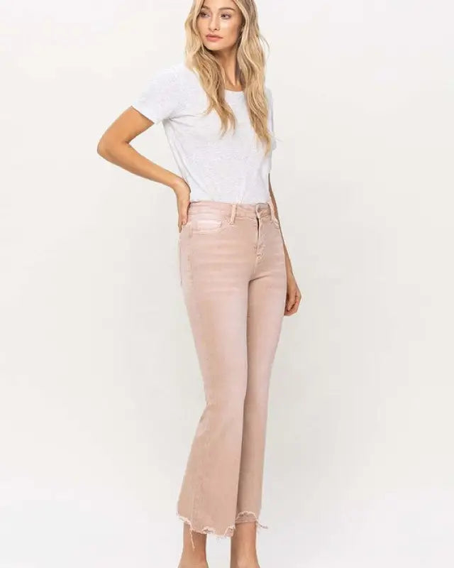 High Rise Distressed Hem Crop Flare Jeans