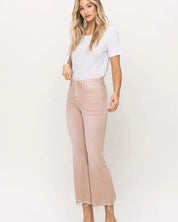 High Rise Distressed Hem Crop Flare Jeans