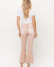 High Rise Distressed Hem Crop Flare Jeans