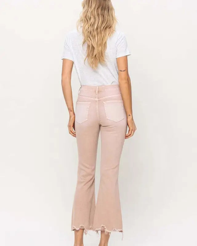 High Rise Distressed Hem Crop Flare Jeans