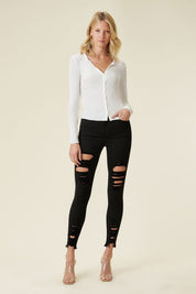 High Rise Distressed Skinny Jeans With A Raw Hem