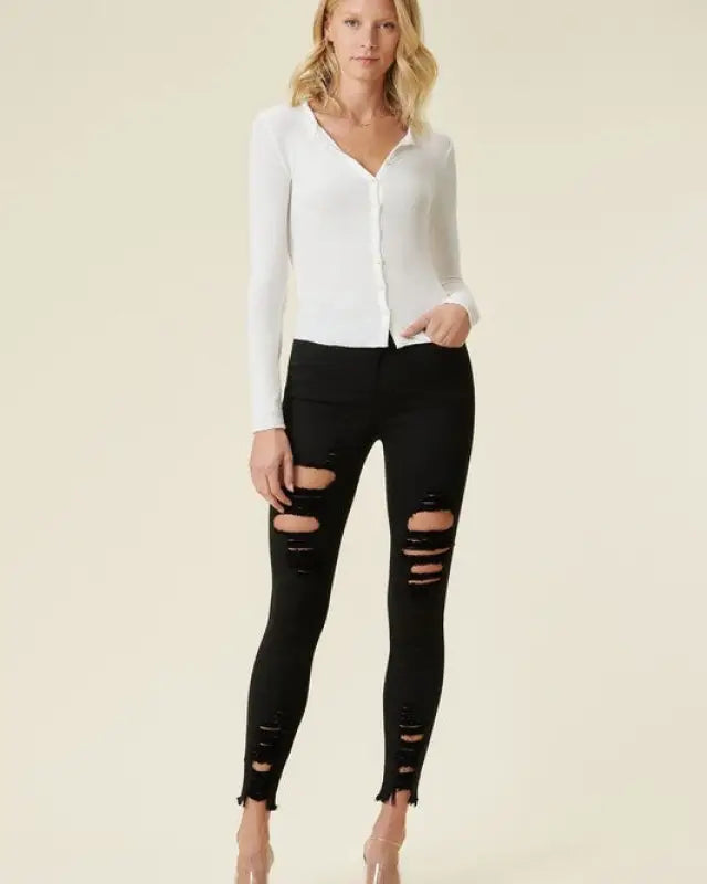 High Rise Distressed Skinny Jeans With A Raw Hem