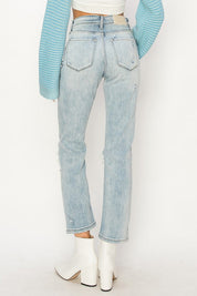 HIGH RISE DISTRESSED STRAIGHT JEANS - Jeans